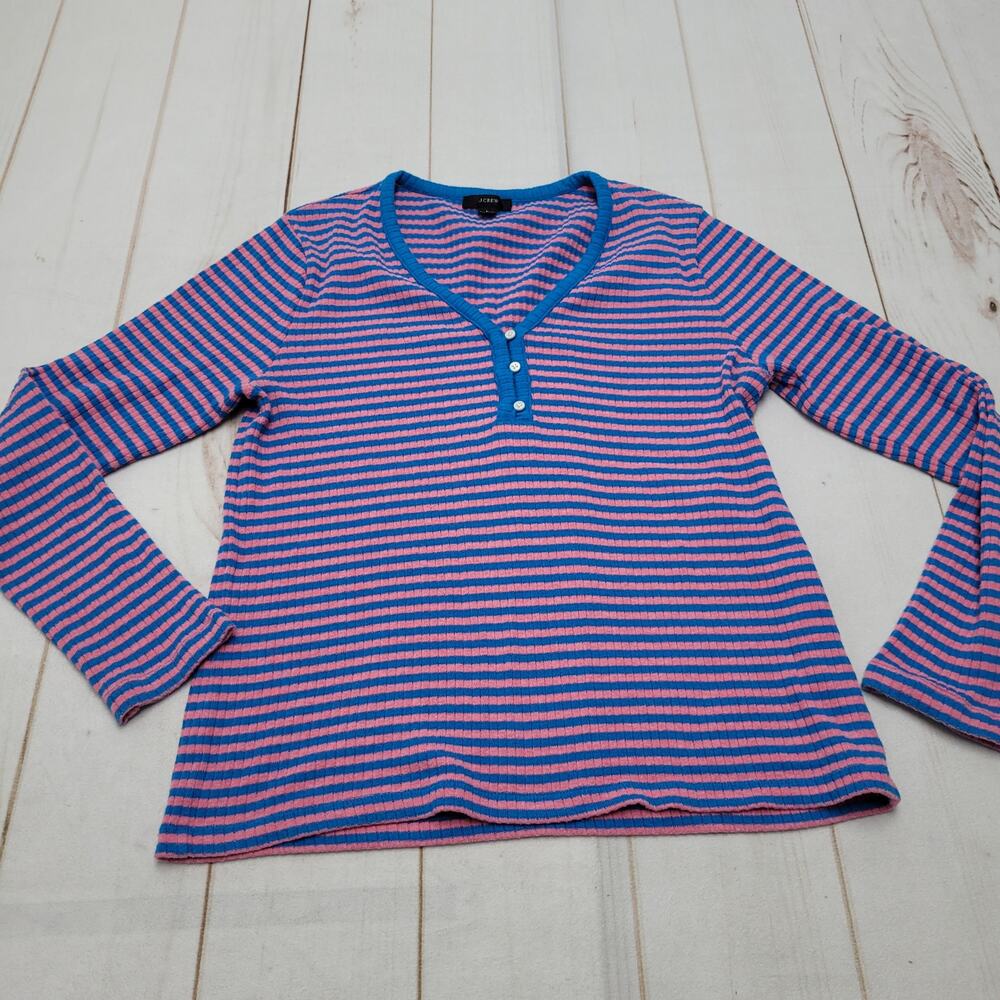 J. Crew ribbed striped henley shirt long sleeve blue pink button large